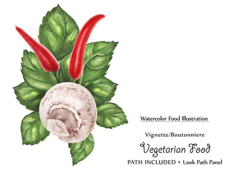 Watercolor vegan vignette biutonniere by freshness green basil leaves, chili peppers and champignon. Isolated, clipping path included, vegan design