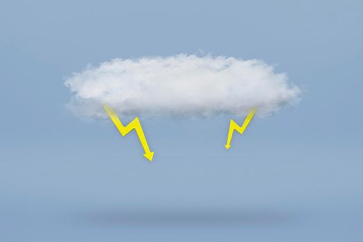 White cloud with two yellow lightning bolts isolated on a blue background. Air lush 3d cloud casts a shadow on a blue background. For project or banner.