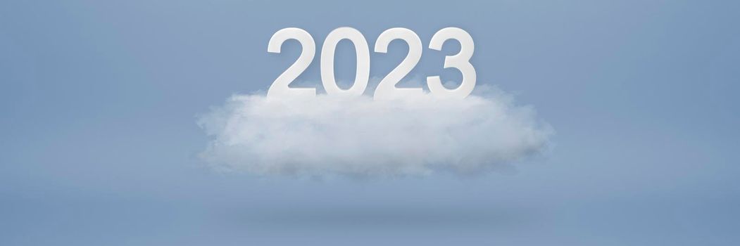 Happy New Year 2023 greeting template. Festive 3d banner with white numbers 2023 on white cloud and blue background. Festive poster or banner design