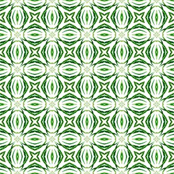 Textile ready likable print, swimwear fabric, wallpaper, wrapping. Green outstanding boho chic summer design. Ikat repeating swimwear design. Watercolor ikat repeating tile border.