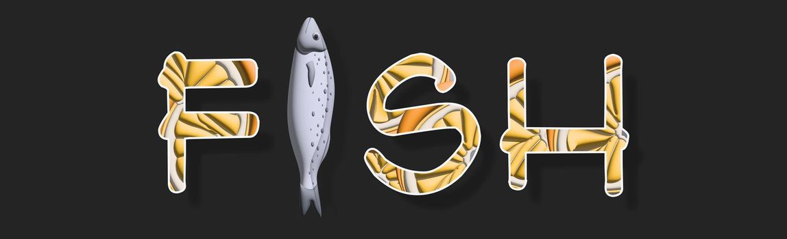 Text stylized as a fish. Stylish design for a brand, label or advertisement - 3D image