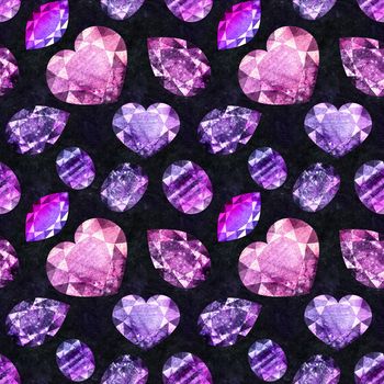 Watercolor gems seamless pattern, blue and violet colors