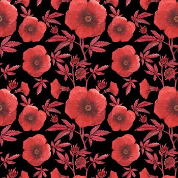 Watercolor Red hibiscus acetosella black pattern. Flowers and buds on a branch.