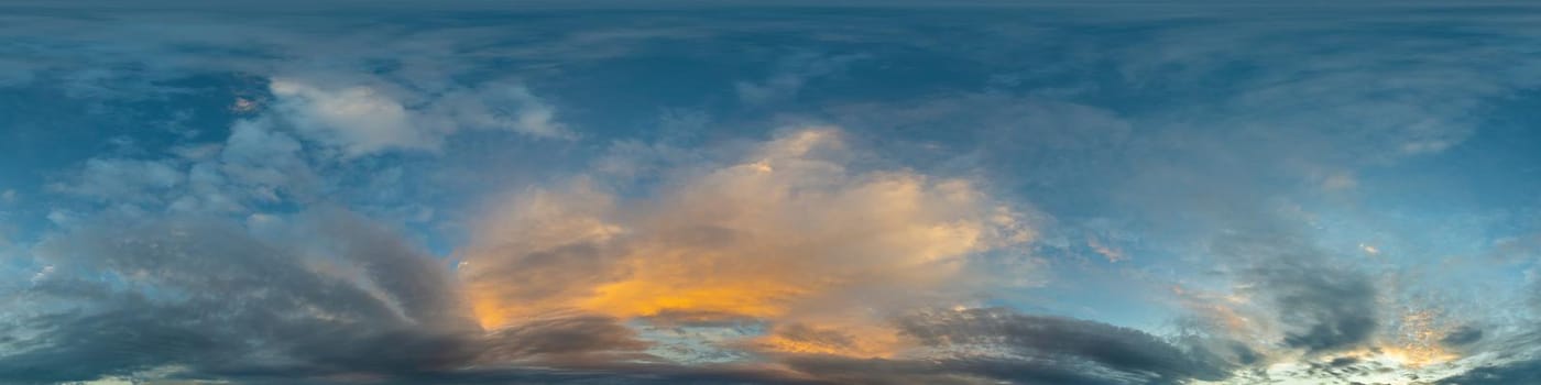 Dark blue sunset sky panorama with pink Cumulus clouds. Seamless hdr 360 pano in spherical equirectangular format. Full zenith for 3D visualization, game, sky replacement for aerial drone panoramas