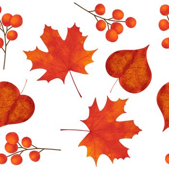 Hand drawn seamless pattern with fall autumn leaf leaves berry berries, maple oak acorn. Natural wild forest wood woodland background in red orange yellow. Vintage fabric print