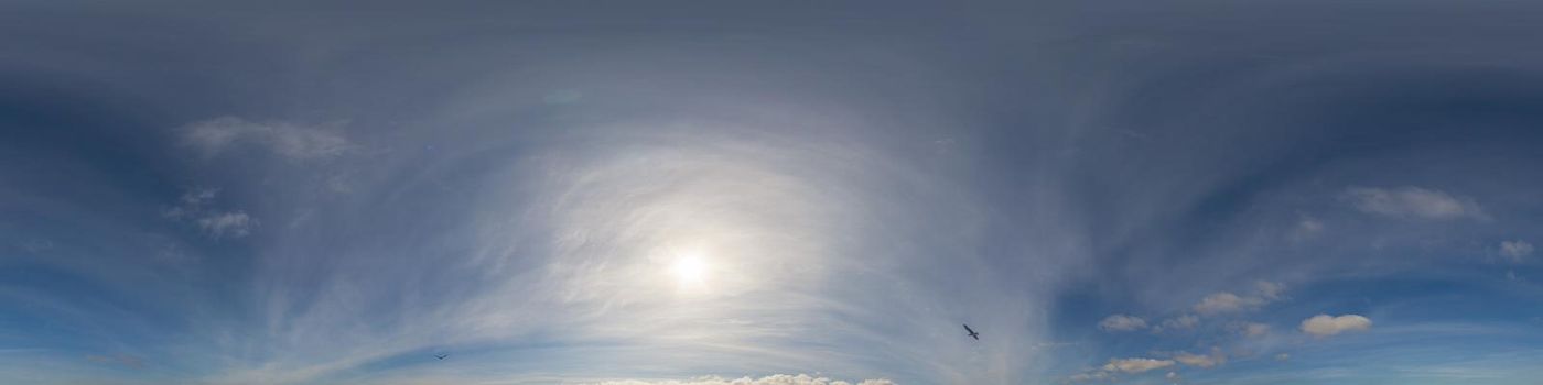 Sky panorama with Cirrus clouds in Seamless spherical equirectangular format. Full zenith for use in 3D graphics, game and editing aerial drone 360 degree panoramas for sky replacement