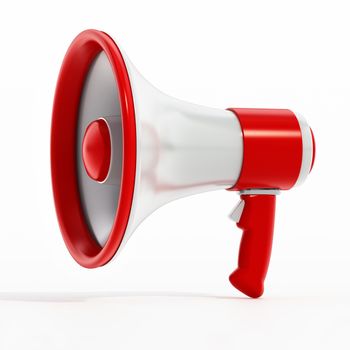 Red and white megaphone isolated on white background. 3D illustration.