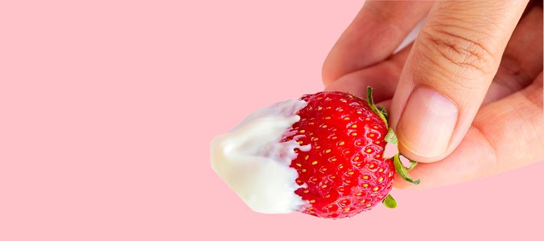 banner with female hand holds a strawberry with cream. juicy, sweet, ripe, red strawberries on a pink background. isolate