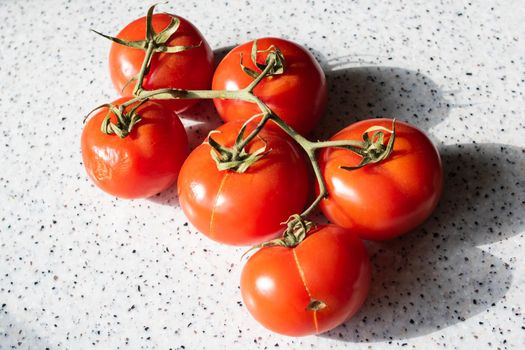 Branch with ripe red tomatoes on the table close up
