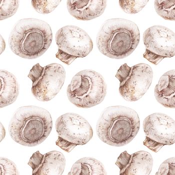 Watercolor seamless pattern with champignons on white