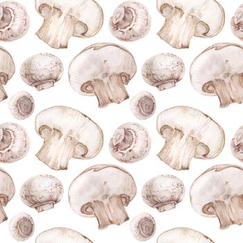 Watercolor seamless pattern with champignons on white