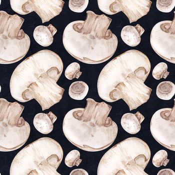 Watercolor seamless pattern with champignons on black