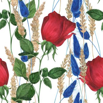 Botanical Watercolor Seamless Pattern Roses and Ears