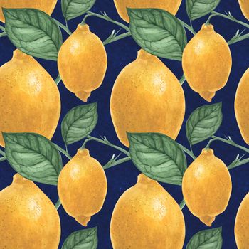 Watercolor Botanical Victorian Lemon dark Blue Seamless Pattern