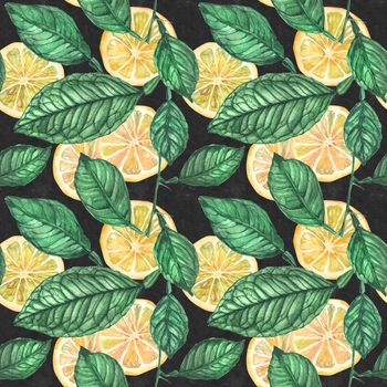 Watercolor Botanical Lemon Slices on Black. Seamless pattern