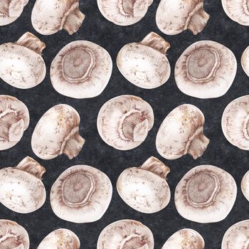 Watercolor seamless pattern with champignons on black