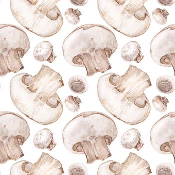 Watercolor seamless pattern with champignons on white