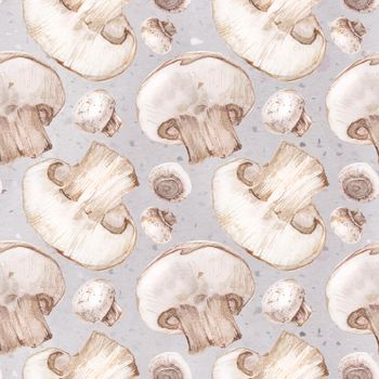 Watercolor seamless pattern with champignons on gray background