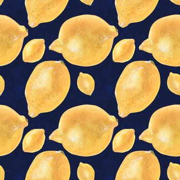 Watercolor Botanical Lemon dark Blue Seamless Pattern