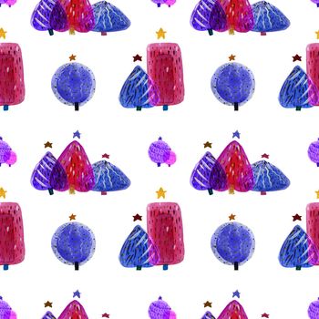 Christmas Tree bright violet seamless pattern, white background, clipping path included
