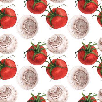 Watercolor seamless pattern with tomatoes and mushrooms