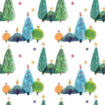 Christmas Tree Watercolor seamless pattern, white background, clipping path included