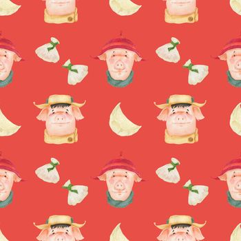 Chinese new year watercolor seamless pattern. Funny teen pigs and dumplings. Red coral background, clipping path included