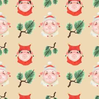 Chinese new year watercolor seamless pattern. Funny teen pigs and green pine branches. Beige background, clipping path included