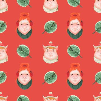 Chinese new year watercolor seamless pattern. Funny teen pigs and green pine branches. Red coral background, clipping path included