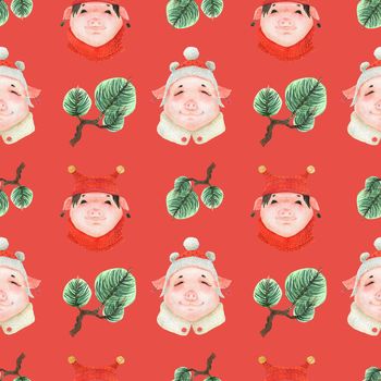 Chinese new year watercolor seamless pattern. Funny teen pigs and green pine branches. Red coral background, clipping path included