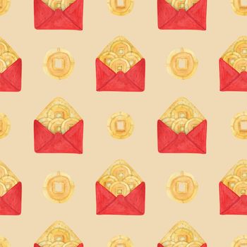 Chinese New Year watercolor seamless pattern. Lucky money in red envelope and one golden coin. Beige background, clipping path included