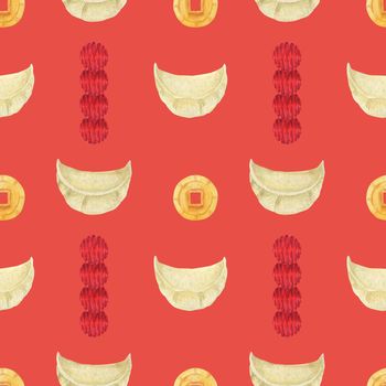 Chinese New Year watercolor seamless pattern. Boiled Dumplings and Lucky Coins. Red coral background, clipping path included