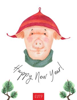Happy New Year postcard 2019. Boy teen pig in ethnic hat . Watercolor art, clipping path included