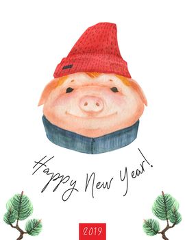 Happy New Year postcard 2019. Boy teen pig in beanie hat . Watercolor art, clipping path included