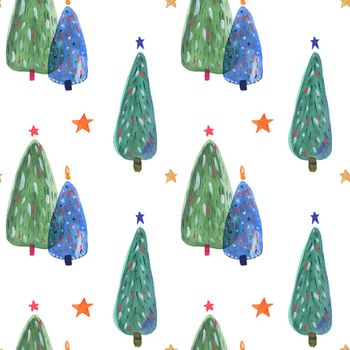 Christmas Tree Watercolor seamless pattern, white background, clipping path included