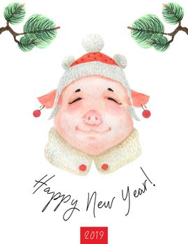 Happy New Year postcard 2019. Girl Teen Piggy with berry earrings . Watercolor art, clipping path included