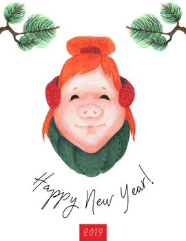 Happy New Year postcard 2019. Girl Teen Piggy with fire red hair . Watercolor art, clipping path included