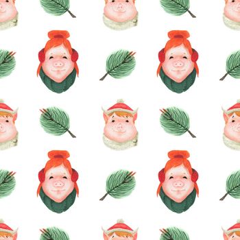 Chinese new year watercolor seamless pattern. Funny teen pigs and green pine branches. White background, clipping path included