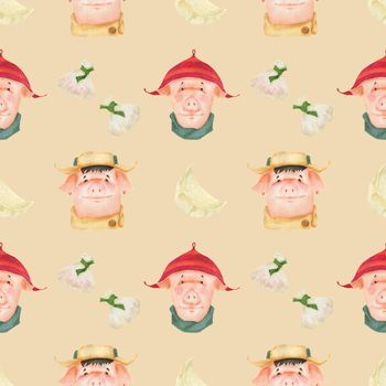 Chinese new year watercolor seamless pattern. Funny teen pigs and dumplings. White background, clipping path included