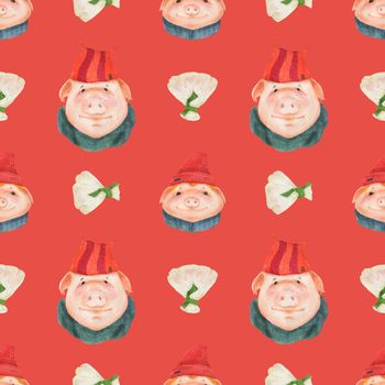 Chinese new year watercolor seamless pattern. Funny teen pigs and steamed dumplings. Red coral background, clipping path included