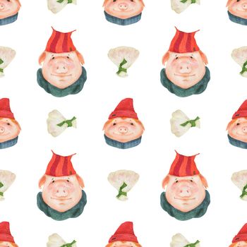 Chinese new year watercolor seamless pattern. Funny teen pigs and steamed dumplings. White background, clipping path included