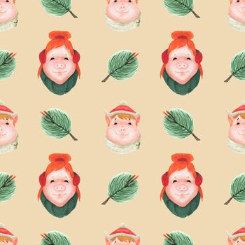Chinese new year watercolor seamless pattern. Funny teen pigs and green pine branches. Beige background, clipping path included
