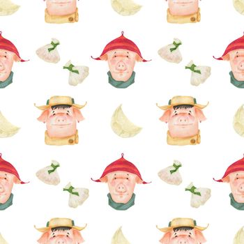 Chinese new year watercolor seamless pattern. Funny teen pigs and dumplings. White background, clipping path included