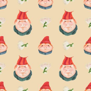 Chinese new year watercolor seamless pattern. Funny teen pigs and steamed dumplings. Cream background, clipping path included