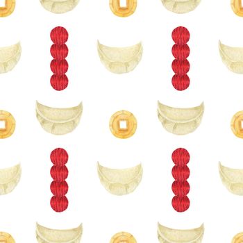 Chinese New Year watercolor seamless pattern. Boiled Dumplings and Lucky Coins. White background, clipping path included