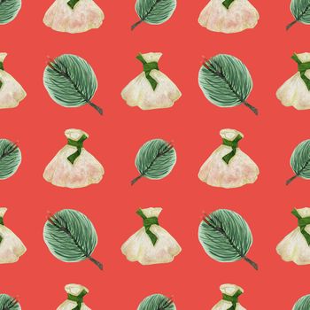 Chinese New Year watercolor seamless pattern. Steamed Dumplings and Pine Branches. Red coral background, clipping path included