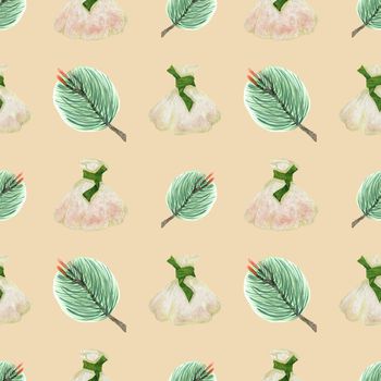 Chinese New Year watercolor seamless pattern. Steamed Dumplings and Pine Branches. Cream background, clipping path included