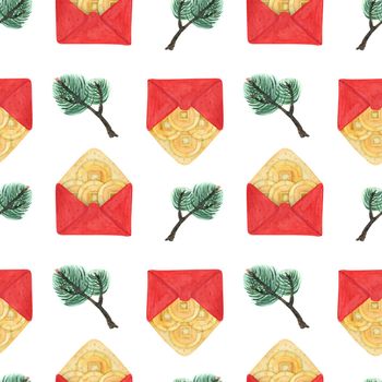 Chinese New Year watercolor seamless pattern. Lucky money in red envelope and green pine branches. White background, clipping path included