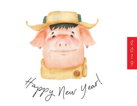 Happy New Year postcard Boy Teen Pig 2019. Watercolor art, clipping path included