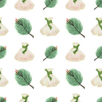 Chinese New Year watercolor seamless pattern. Steamed Dumplings and Pine Branches. White background, clipping path included